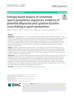 Entropy Based Analysis of Vertebrate Sperm Protamines Sequences: Evidence of Potential Dityrosine and Cysteine-Tyrosine Cross-Linking in Sperm Protamines Christian D