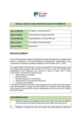 SOCIAL & HEALTH CARE OVERVIEW & SCRUTINY COMMITTEE Date of Meeting Thursday, 16 November 2017 Report Subject Older Peopl