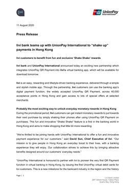 Press Release Livi Bank Teams up with Unionpay International to “Shake Up
