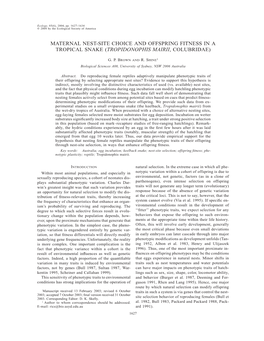 Maternal Nest-Site Choice and Offspring Fitness in a Tropical Snake (Tropidonophis Mairii, Colubridae)