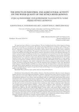 The Effects of Industrial and Agricultural Activity on the Water Quality of the Sitnica River (Kosovo) Utjecaj Industrije I Polj