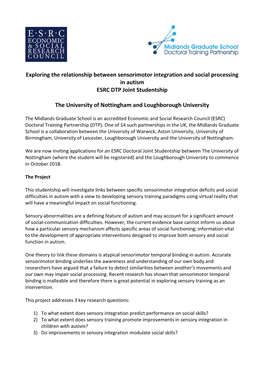 Exploring the Relationship Between Sensorimotor Integration and Social Processing in Autism ESRC DTP Joint Studentship