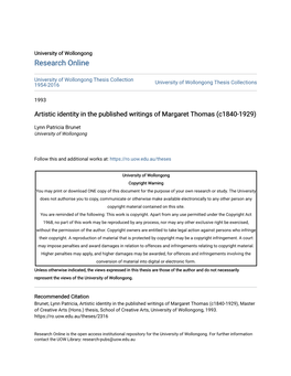 Artistic Identity in the Published Writings of Margaret Thomas (C1840-1929)