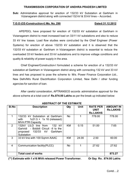 Administrative Approval for Erection of 132/33 Kv Substation at Garbham in Vizianagaram District Along with Connected 132 Kv & 33 Kv Lines – Accorded