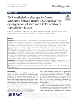 DNA Methylation Changes in Down Syndrome Derived Neural Ipscs Uncover Co-Dysregulation of ZNF and HOX3 Families of Transcription