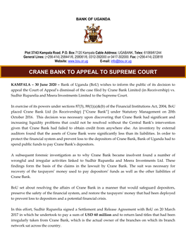 Crane Bank to Appeal to Supreme Court