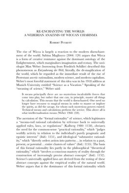 A WEBERIAN ANALYSIS of WICCAN CHARISMA Robert Puckett The