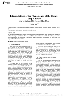 Interpretations of the Phenomenon of the Honey- Trap Culture Interpretation of Xi Shi and Diao Chan Yanhai Bao1,*