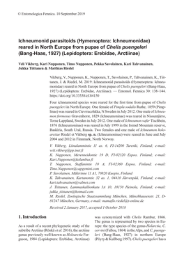 Hymenoptera: Ichneumonidae) Reared in North Europe from Pupae of Chelis Puengeleri (Bang-Haas, 1927) (Lepidoptera: Erebidae, Arctiinae)