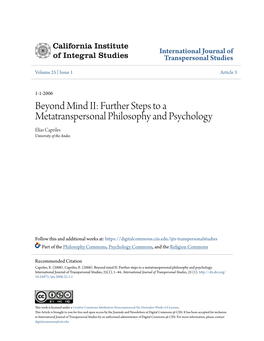 Beyond Mind II: Further Steps to a Metatranspersonal Philosophy and Psychology Elías Capriles University of the Andes