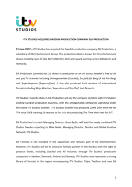 Itv Studios Acquires Swedish Production Company Elk Production
