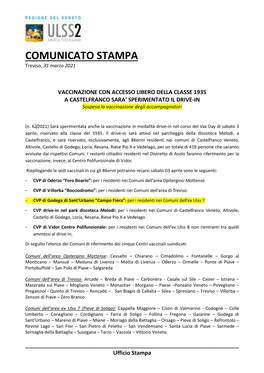 COMUNICATO STAMPA Treviso, 31 Marzo 2021