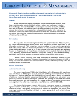 Research Participation and Employment for Autistic Individuals in Library and Information Science: a Review of the Literature Nancy Everhart & Amelia M