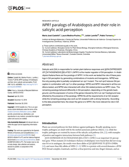 NPR1 Paralogs of Arabidopsis and Their Role in Salicylic Acid Perception