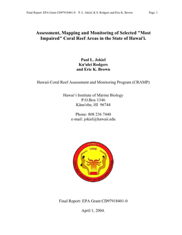 Most Impaired" Coral Reef Areas in the State of Hawai'i