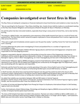 Companies Investigated Over Forest Fires in Riau