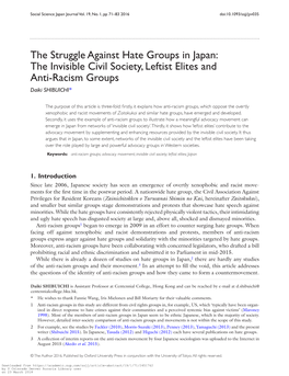 The Struggle Against Hate Groups in Japan: the Invisible Civil Society, Leftist Elites and Anti-Racism Groups Daiki SHIBUICHI*