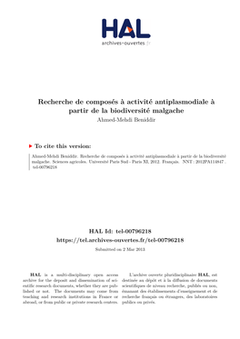 Recherche De Composés À Activité Antiplasmodiale À Partir De La Biodiversité Malgache Ahmed-Mehdi Beniddir