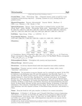 Metacinnabar Hgs C 2001-2005 Mineral Data Publishing, Version 1