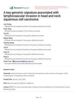 A Key Genomic Signature Associated with Lymphovascular Invasion in Head and Neck Squamous Cell Carcinoma