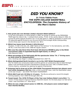 DID YOU KNOW? 21 Trivia Tidbits from the ESPN COLLEGE BASKETBALL ENCYCLOPEDIA: the Complete History Of
