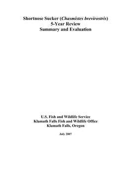 Shortnose Sucker (Chasmistes Brevirostris) 5-Year Review Summary and Evaluation