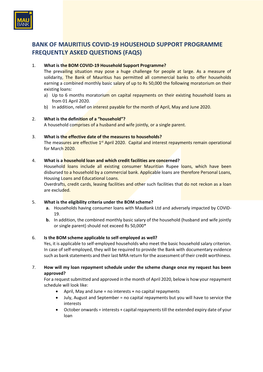 Bank of Mauritius Covid-19 Household Support Programme Frequently Asked Questions (Faqs)