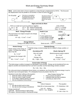 Work and Energy Summary Sheet Chapter 6