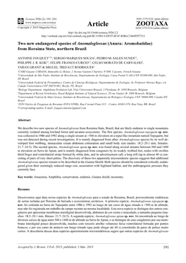 Two New Endangered Species of Anomaloglossus (Anura: Aromobatidae) from Roraima State, Northern Brazil