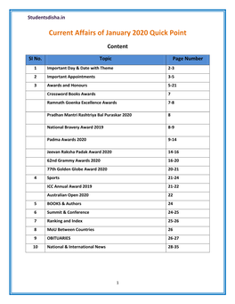 Current Affairs of January 2020 Quick Point