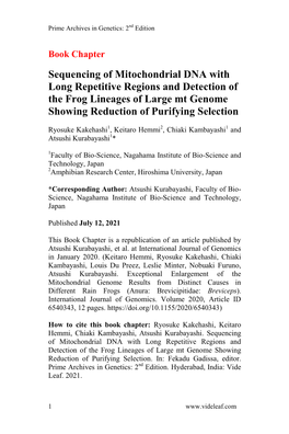 Sequencing of Mitochondrial DNA with Long Repetitive Regions and Detection of the Frog Lineages of Large Mt Genome Showing Reduction of Purifying Selection