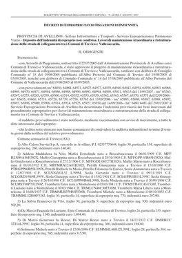 PROVINCIA DI AVELLINO - Settore Infrastrutture E Trasporti - Servizio Espropriazioni E Patrimonio Viario - Deposito Dell’Indennità Di Esproprio Non Condivisa