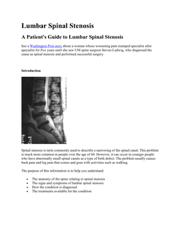 Lumbar Spinal Stenosis a Patient's Guide to Lumbar Spinal Stenosis