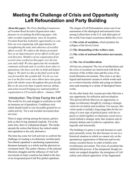 Meeting the Challenge of Crisis and Opportunity Left Refoundation and Party Building