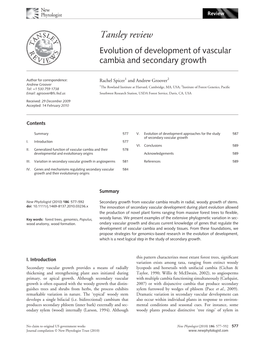 Tansley Review Evolution of Development of Vascular Cambia and Secondary Growth
