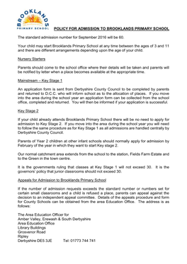 Policy for Admission to Brooklands Primary School