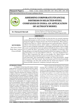 Assessing Corporate Financial Distress in Selected Steel Companies in India: an Application of Altman’S Model