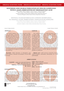 Synthesis and Characterization of Zinc Ii Complexes with S Alkyl Derivatives of Thiosalicylic Acid Sinteza I Karakteriz