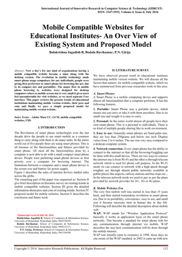 Mobile Compatible Websites for Educational Institutes- an Over View of Existing System and Proposed Model Balakrishna Jagadish B, Bodala Ravikumar, P.N