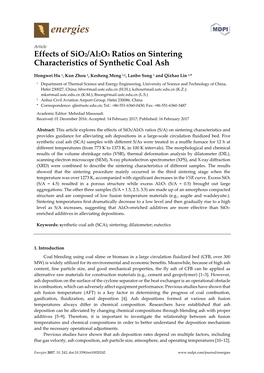 Effects of Sio2/Al2o3 Ratios on Sintering Characteristics of Synthetic Coal Ash