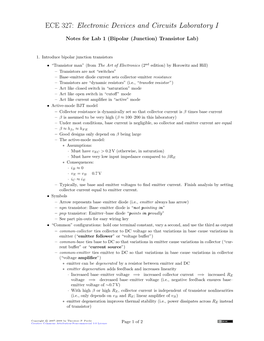 Notes for Lab 1 (Bipolar (Junction) Transistor Lab)