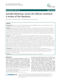 Suicidal Behaviour Across the African Continent: a Review of the Literature Becky Mars1*, Stephanie Burrows2,3, Heidi Hjelmeland4 and David Gunnell1