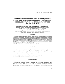 Lista De Especies De Curculionoidea Depositadas En La Colecci.N De