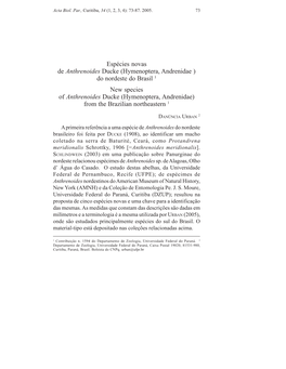 Do Nordeste Do Brasil 1 New Species of Anthrenoides Ducke (Hymenoptera, Andrenidae) from the Brazilian Northeastern 1