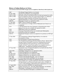 History of Indian Railways in Orissa (A Lot of It Borrowed from the SER Web Pages and Rest Compiled by Chitta Baral, Chitta@Gmail.Com)