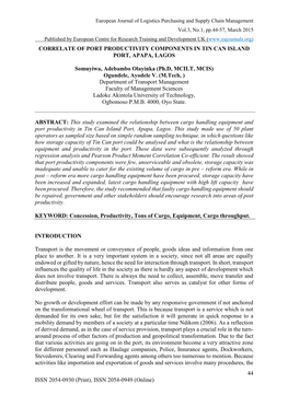 Correlate of Port Productivity Components in Tin Can Island Port, Apapa, Lagos
