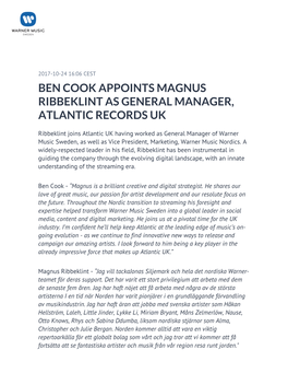 Ben Cook Appoints Magnus Ribbeklint As General Manager, Atlantic Records Uk