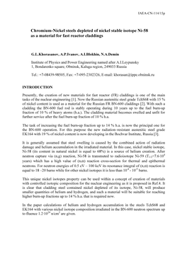 Chromium-Nickel Steels Depleted of Nickel Stable Isotope Ni-58 As a Material for Fast Reactor Claddings