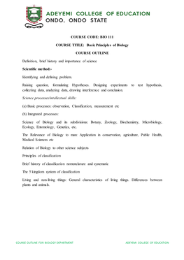 Course Outline for Biology Department Adeyemi College of Education