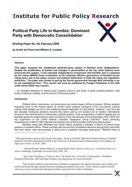 IPPR Briefing Paper NO 44 Political Party Life in Namibia